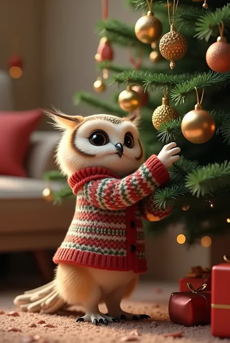 (( masterpiece ,  highest quality,  highest quality de imagem,  high resolution,  photorealistic , foto RAW,  extremely detailed CG 8k unified wallpaper)), MIMI OWL CUB with sweater fasten ornaments to a Christmas tree,