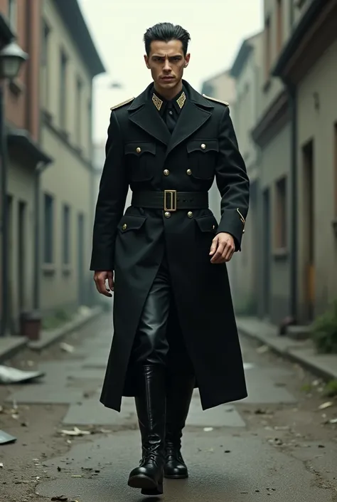 realistic young dad Drago_Malfoy, black flat slicked back hair, vicious top dominant sweaty smile face looking, wearing a full german nazi ss black leather uniform, black leather shiny tall kneel boots, black leather hat, black leather long coat, daylight ...