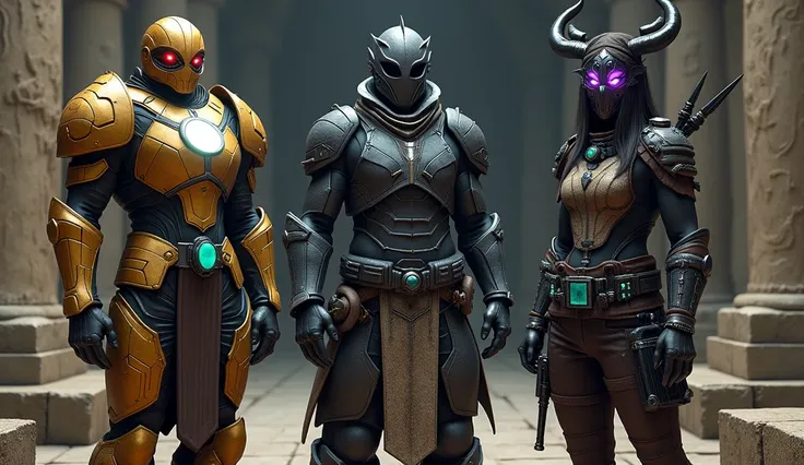 A digital rendering showcases three armored characters standing in an ancient, shadowy environment. The leftmost figure wears ornate golden armor with intricate designs, including geometric patterns on the chest plate, shoulder plates, gauntlets, and leg g...