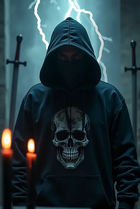  mans face hooded skull suit sweatshirt, With lightning behind. dark place with swords and burning black candles 