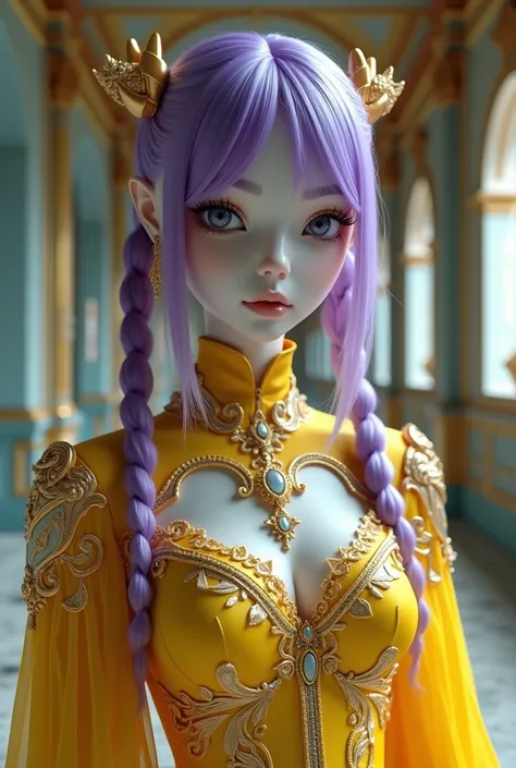 a beautiful young android woman,white ceramic skin, with bright purple pony tails hairstyle, wearing a glowing metallic yellow gothic lolita outfit, standing in a futuristic baroque style room, highly detailed, realistic, 8k, (best quality,4k,8k,highres,ma...