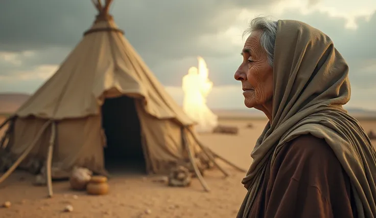 A close-up of the face of a Hebrew woman in the land of Canaan in the Old Testament of the Bible. She is in front of her tent. She is an elderly woman and wears a veil on her head, as was the custom for women at the time. An angel appears to her, wrapped i...