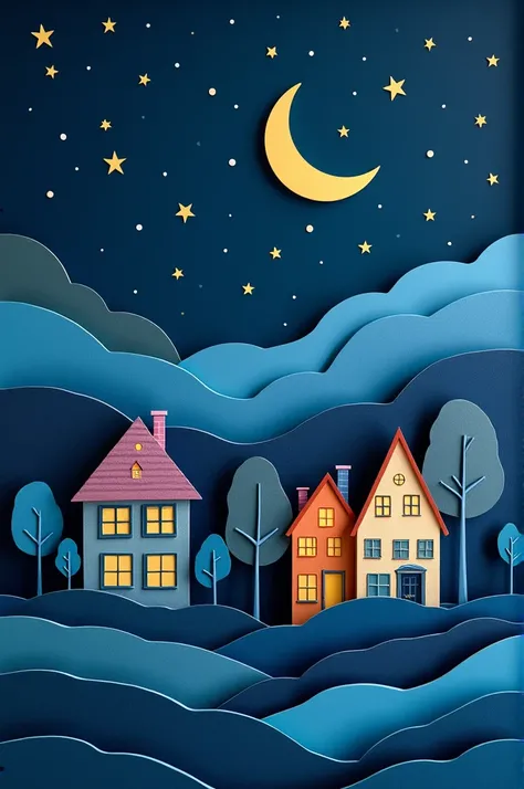 Illustration of night landscape of houses and flats with the moon and stars composed with the paper cut art technique that consists of superimposing layers of cardboard of different colors