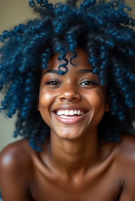 A smiling girl has brown skin and blue afro hair and she is anal fucked in doggy position by seven white mans with massive cocks and black hair. Focus on ass.