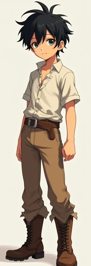  A 17-year-old anime-style peasant boy , Black and messy hair,  big and expressive eyes full of youth and innocence. Wear simple clothes: a distressed white shirt ,  light brown pants and old leather boots .  anime style
