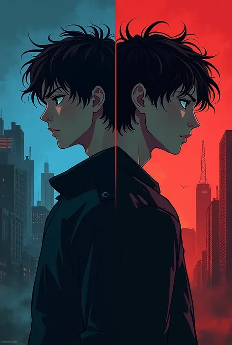  I create a cover of a novel about two boys , One alpha and one omega
Art style :

 - Darkness and dim lights to reflect the citys bleak environment
- Detailed and expressive character designs
- Use of contrasting colors to represent the duality of the sto...