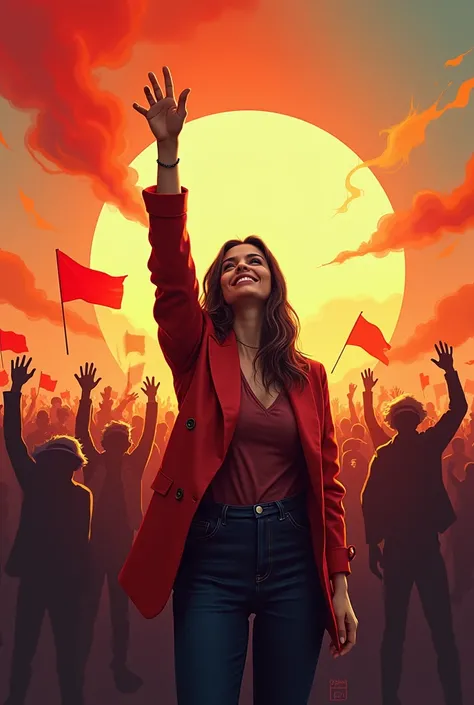 
 Create a book cover for the book  ,, portrayal of revolution and revolutionaries". Dabei soll der Hintergrund dynamisch wirken und eine Person In focus, who raises her hand to the people ,  but looks friendly . The background should be something new and ...