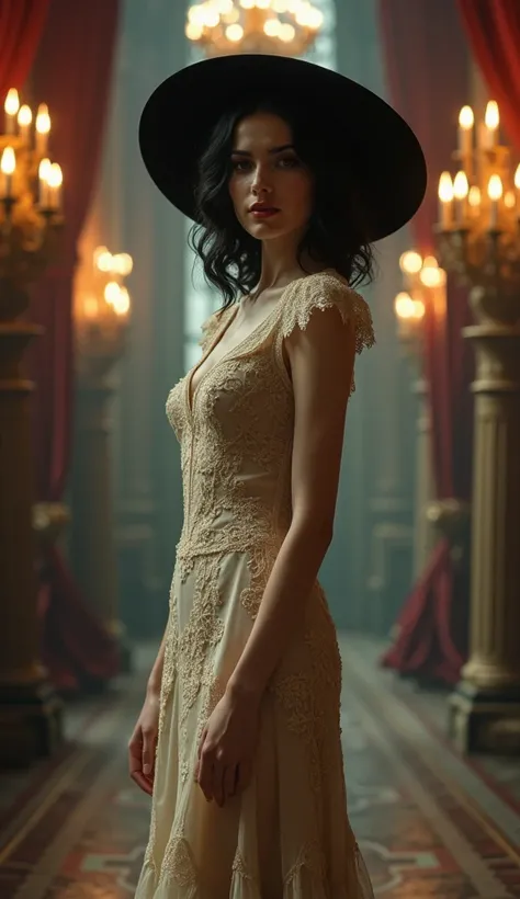 An ultra-realistic depiction of a tall, imposing woman inspired by gothic aristocracy, standing elegantly in a grand, dimly lit castle hall. She has pale, flawless skin and piercing golden eyes, exuding a regal and menacing aura. Her jet-black hair is styl...