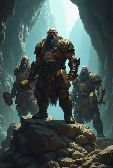 An army of dwarves in armor ,  holding hammers and axe ,  looking from the top of a rock ,  are inside a cave 