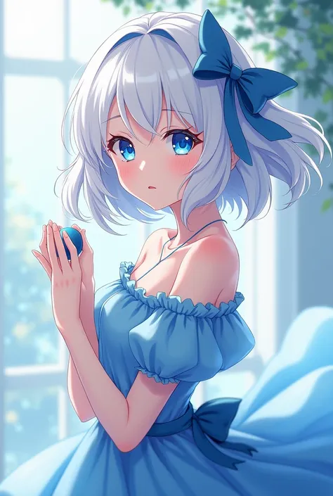  Japanese Anime , female,  middle school student,  white hair with raised bangs, shot,  blue eyes on Adobe, blue dress , masterpiece,  top grade, High definition,  gorgeous, ball, 2D