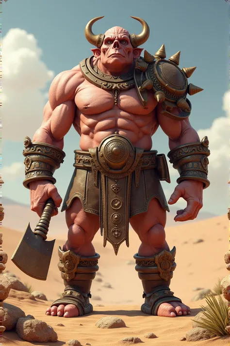 Cyclops, a monster with pink and dry skin, he is wearing brown bronze armor, brown bronze shoulder pads, brown bronze metal shorts, brown metal boots, brown metal boots, a hatchet in his hand in the desert.