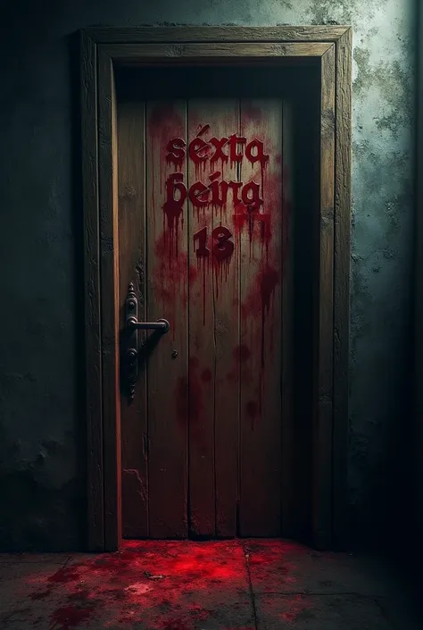 "An old, slightly ajar wooden door with a dark and terrifying atmosphere. On the front of the door, the words "SEXTA FEIRA 13 are written in gothic, bloody letters, with deep claw marks that look like they were made by something ferocious. The surroundings...