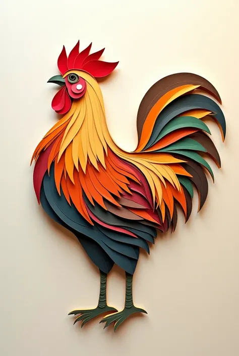 Rooster created with the paper cut art technique, which consists of superimposing layers of cardboard of different colors