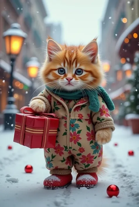 a fluffy kitten wearing a floral christmas overall and boots,carrying a gift box with ribbon, winter city street, detailed fur, cute expression, gift box with bow, snow-covered buildings, street lamps, falling snow, atmospheric lighting, photorealistic, hi...