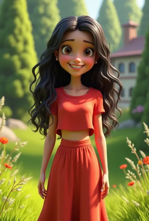  3d Disney Pixar cartoon.  young white woman . Wet hair , long and curly. happy and smiling,  showing teeth.  wears red blouse and long skirt.  is in a grassy and wooded garden.  full body.