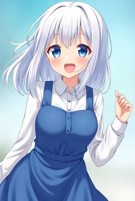  Japanese Anime , female,  middle school student,  white hair with raised bangs, shot,  blue eyes on Adobe, blue dress ,  gorgeous 드레스, masterpiece,  top grade, High definition,  gorgeous, ball,  smiles , 2D