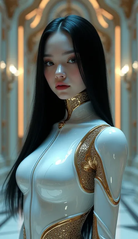 full body shot,a beautiful young android woman,white ceramic skin, with bright black strait long hairstyle, wearing a glowing metallic shilver gothic lolita outfit, standing in a futuristic baroque style room, highly detailed, realistic, 8k, (best quality,...