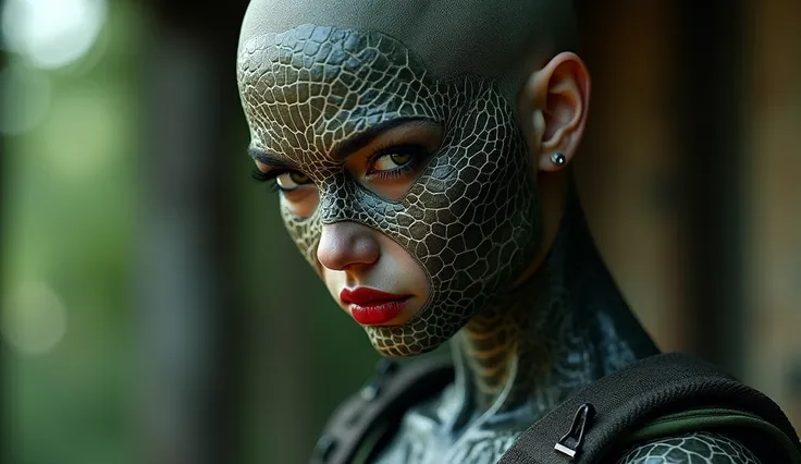 beautiful, bald woman with skin made entirely of crocodile texture, mysterious look, snake eyes and red lipstick, wearing combat gear, hdr, 16k. Created by Sasan