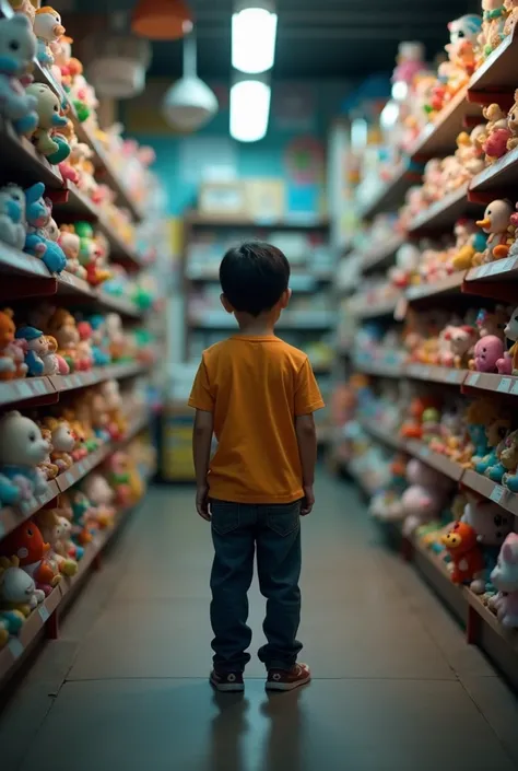 A  boy stands tall. Turn around and look at a small toy store in Thailand. There are many toys on the front shelf. The walls to the ceiling were filled with toys. The atmosphere inside the store was dull, with light shining from above.
