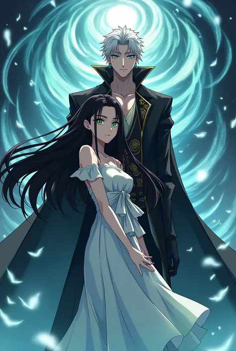 Create me an anime-style image of Satoru Gojo with a girl with long black hair with green eyes 