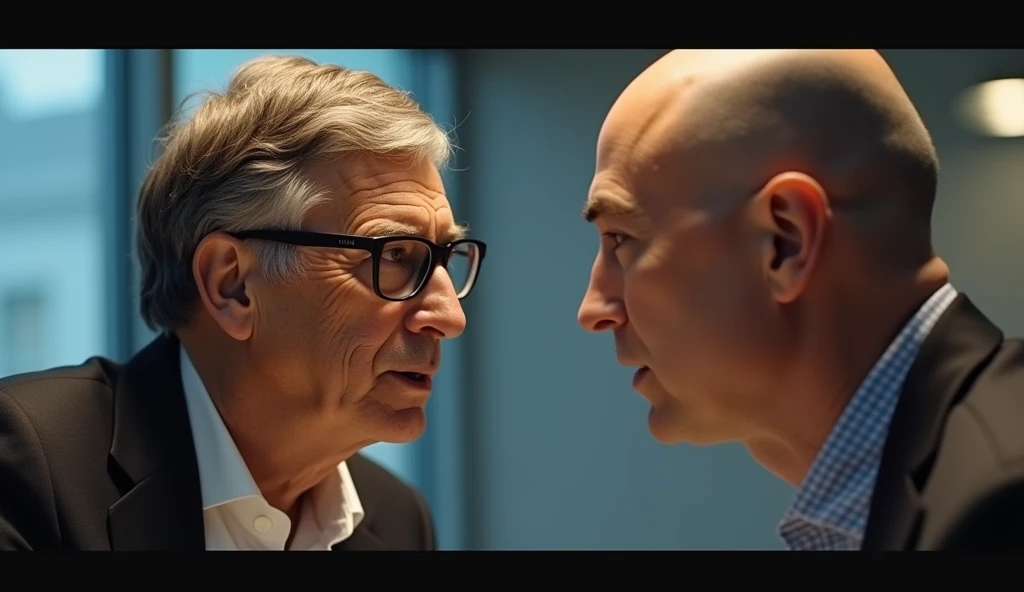 " A realistic close-up of Bill Gates and Jeff Bezos having a serious conversation ,  with soft lighting highlighting their facial expressions and details such as Gates glasses and Bezos shaved head, in a modern environment with a blurred background ."
