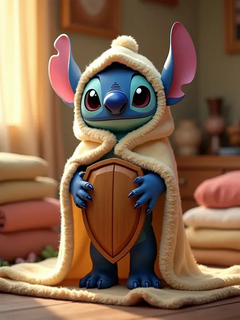 Stich: a friendly character with a cape made of a fluffy blanket, a helmet resembling a folded pillow, and a shield crafted from an elegant towel. He stands in a cozy room filled with warmth, surrounded by neatly arranged blankets, pillows, and towels. The...