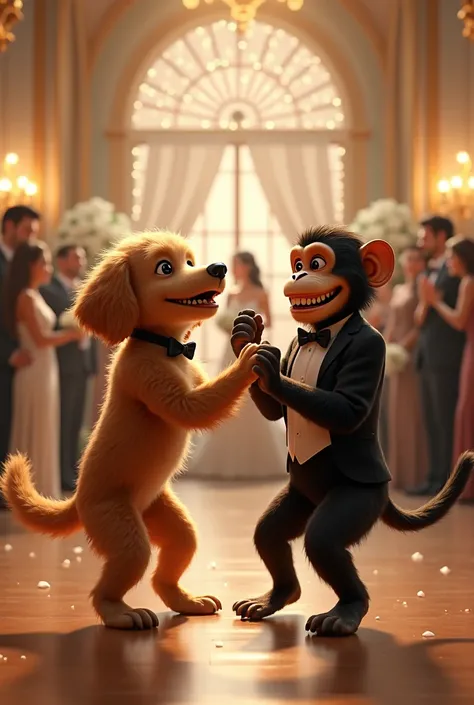 A dog dances with a monkey at a wedding