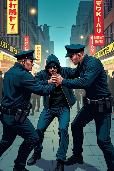 Create an illustration like comic book about policies against thieves on the street. 