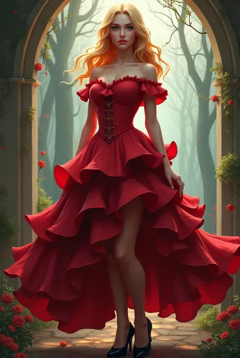 a 3d pixal painting, of a woman in a red dress with 7 ruffles, a digital painting by José Comas Quesada, winner of the Artstation competition, fantasy art, beautiful character painting, beautiful maiden, with wavy blonde hair classic witch, maiden, wearing...