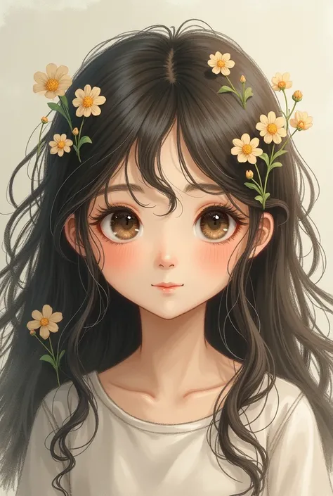 To a girl of about  who has wavy hair that is surrounded by a few flowers from a garden but I would like it to be subtle or to be a shot from above the line of the drawing as if it had been by hand 