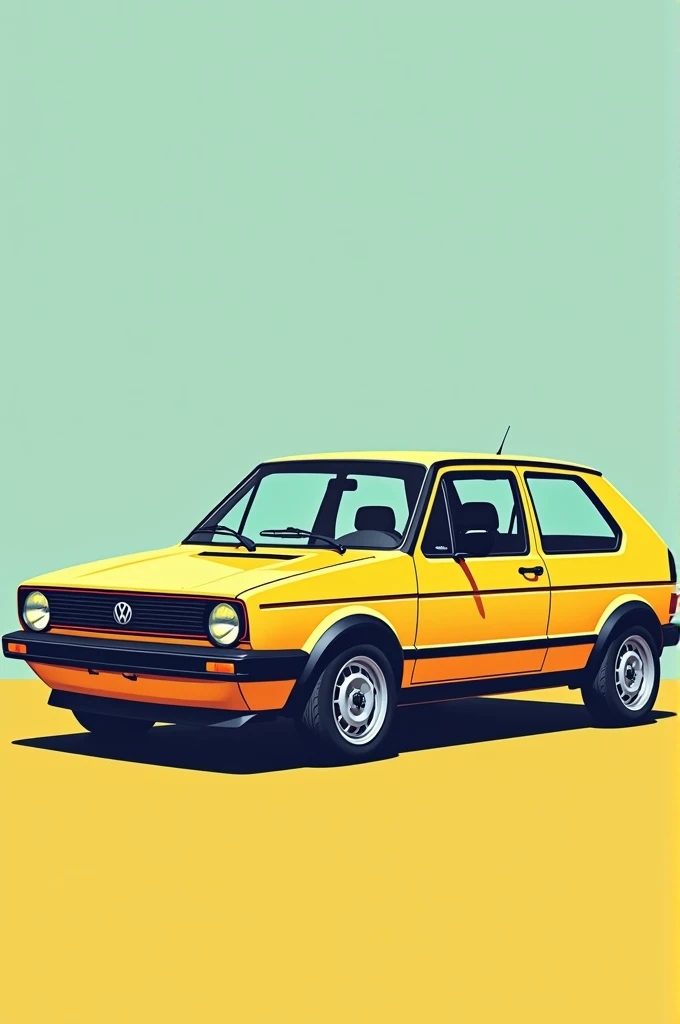 Generate me a drawing of a Volkswagen Golf mk2, that has yellow body with flat colors you would see in MS paint. Make it as phone wallpaper