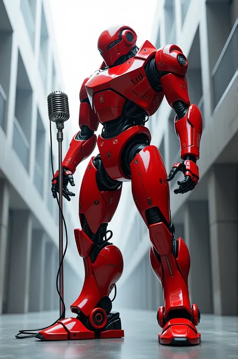 Red robot with microphone in hands