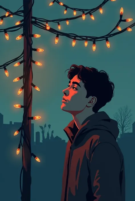 vector illustration, sad person looking at chistmas lights, flat colors, solid colors