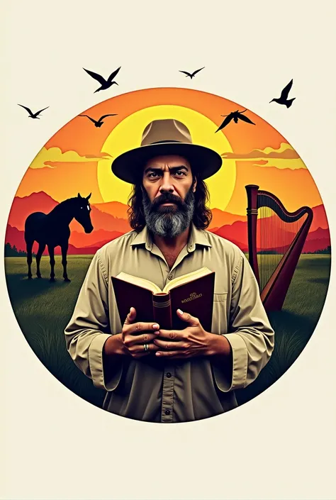 Make a circular logo with a man wearing a plain hat and a bible and behind him a horse , Harp and a sunset and the Venezuelan flag and flying birds 