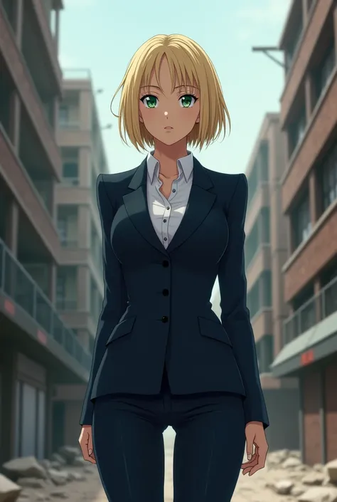 A 41 year old woman, white, Short haired blonde wearing a dark blue suit green eyes slim body she is tall anime style Attack on Titan