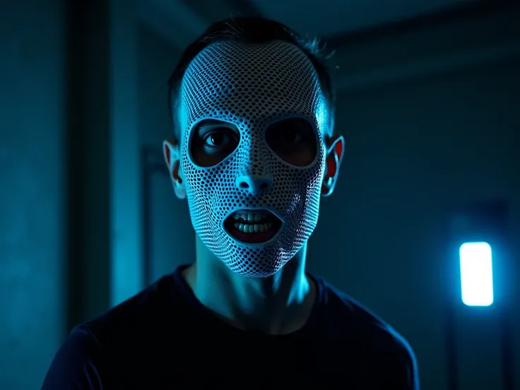  a mans face and upper body in a dark room with blue and white lights. The man is wearing a futuristic-looking mask with a mesh-like design that covers his entire face. The mask is made up of small dots and lines that create a grid-like pattern. The eyes a...