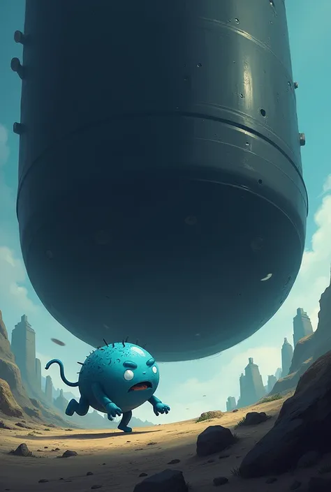 Trebum runs away from a giant cylinder Game title :  The Eternal Cylinder Requim looks like a ball with two legs and a trunk Trebum color blue cylinder color black location is a planet from the game: the Eternal Cylinder 