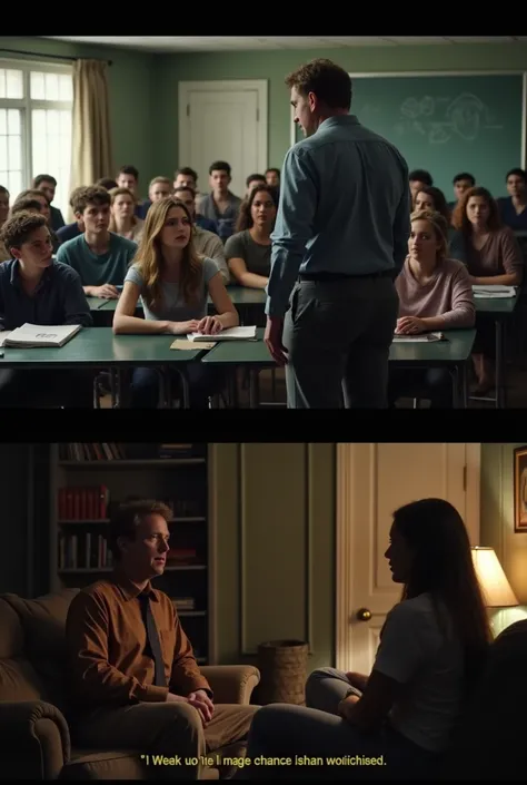 A serious, tense scene where a teacher stands at the front of a classroom filled with students, urgently speaking. The students look skeptical or distracted. Meanwhile, a parent sits in a dim living room, talking to their teenage  with concern. Their faces...