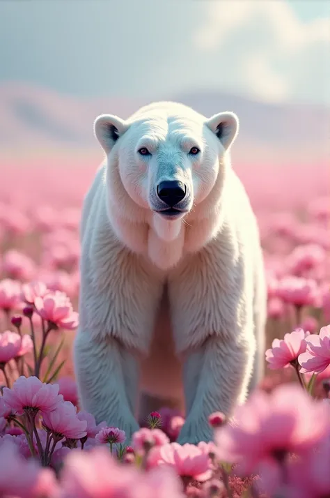 Real polar bear with pink flower background 