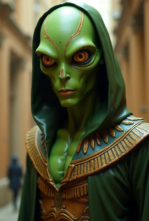 Lets go back to the imposing green alien humanoid with characteristics of an Egyptian god, just make it more cartoonish as the villain of a rens film. Hazlo mas joven y con un traje cafe que le cubra el pecho. No olvides que es como un villano de una pelíc...