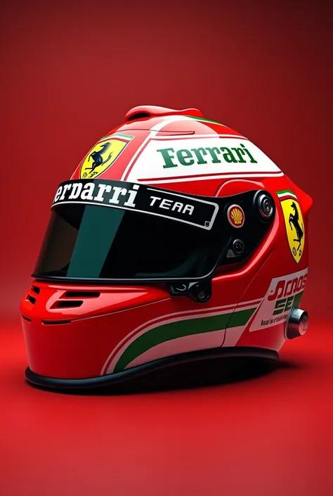  I need you to create for me the creative design of an F1 helmet with the following indications :  it has to belong to the Ferrari team ,  the color of the helmet must be mostly red but with small details that combine the Colombian and Italian flags. Final...