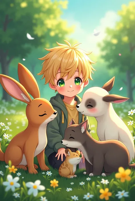 Anime illustration of a boy with animals in nature with blond hair and green eyes