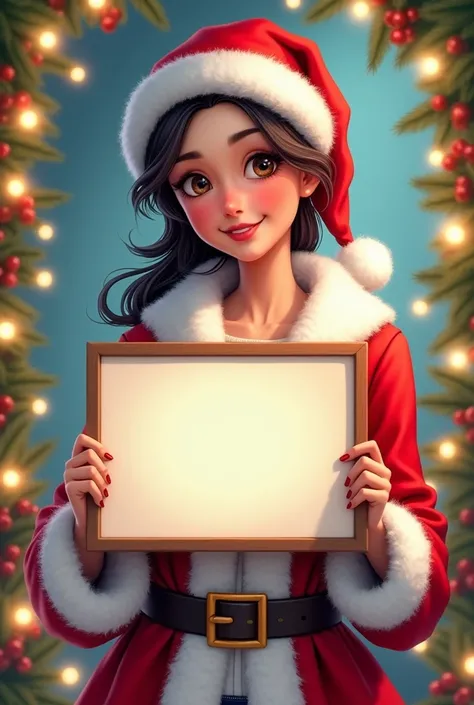 Santa Claus woman holding a blank sign on a Christmas deco background 