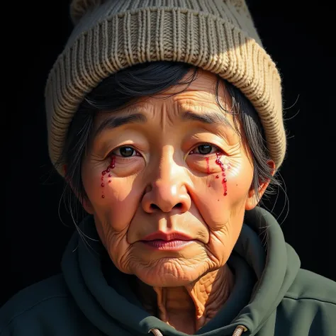 Watercolor realistic style, close-up of head. An aging mother in Taiwan with sadness and melancholy in her eyes. Tears are sliding down from her eyes like a spring up to her chin. There is warm light and shadow shining on the face. A knit cap is worn on th...