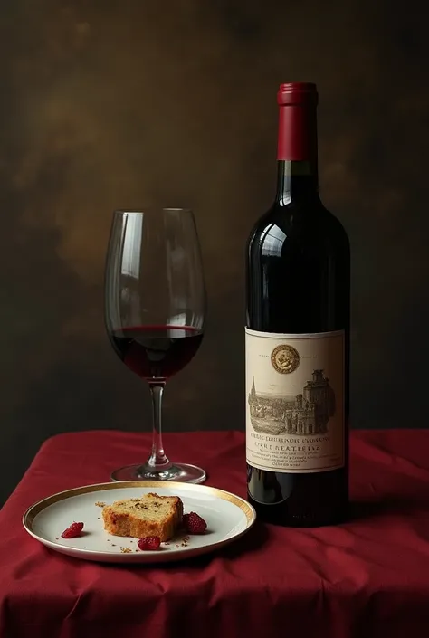 there is a bottle of wine and a plate on a table, a still life inspired by François Boquet, unsplash, hyperrealism, in style of caravaggio, still life photo studio, caravaggio style, still life photo of a backdrop, done in the style of caravaggio, unusual ...