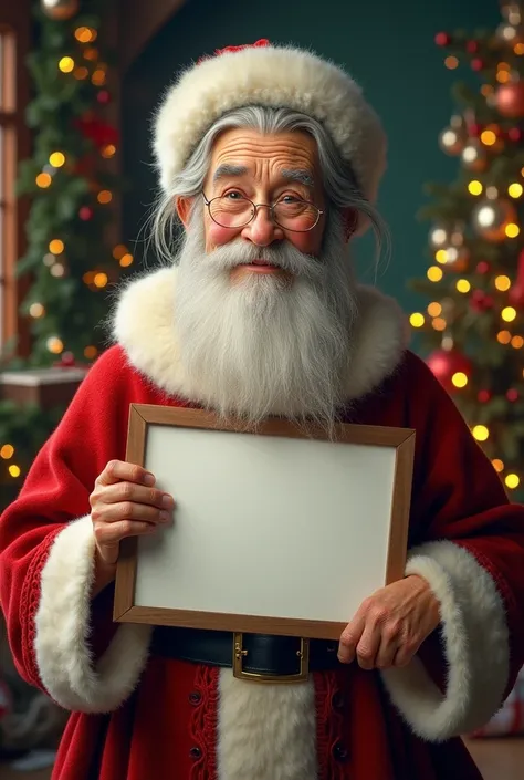 Femme du père Noël âgée tenant une pancarte vierge sur déco Noël 