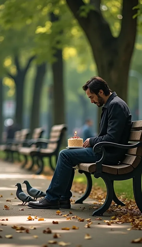 1. Sad Keanu in the Park 
" A realistic and emotional scene of Keanu Reeves sitting alone on a worn park bench ,  dressed in a dark jacket ,  worn jeans and shoes .  A small birthday cake with a burning candle rests next to him on the bench ,  and pigeons ...