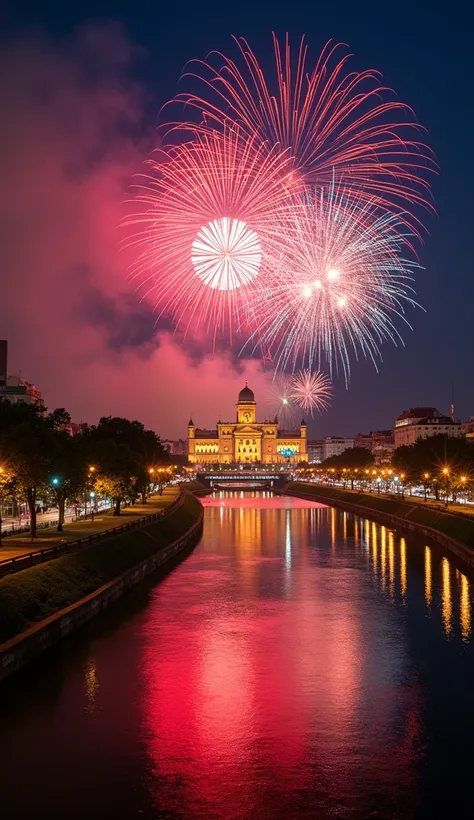  A panoramic view of the city of Asunción in the New Year ,  with the Palacio de los López illuminated in the background .  Fireworks fill the sky with vibrant colors , reflected in the Paraguay River .  The lights of the city and the garlands give a festi...