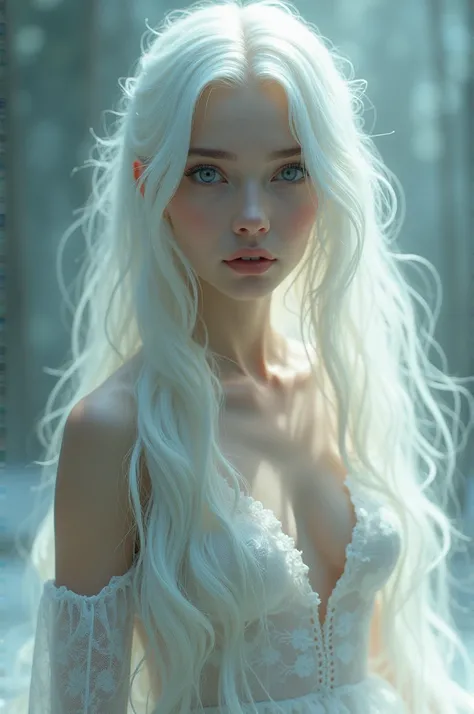   with feminine features,  long white hair banging on the ass,  silver eyes , pale skin, dress made of light , Ultra Realistic. 