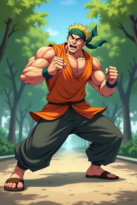 Adult Man, with round face, with short thin yellow haircut, muscular, in Anime, wearing a green bandana-like-beanie on his head, wearing his orange short kurta, long dark gray pants, brown sandals, at the park, making his fighting pose